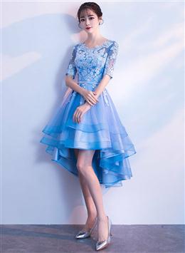 Picture of Blue High Low Tulle Party Dresses , Cute Tulle Formal Dresses with Lace Applique